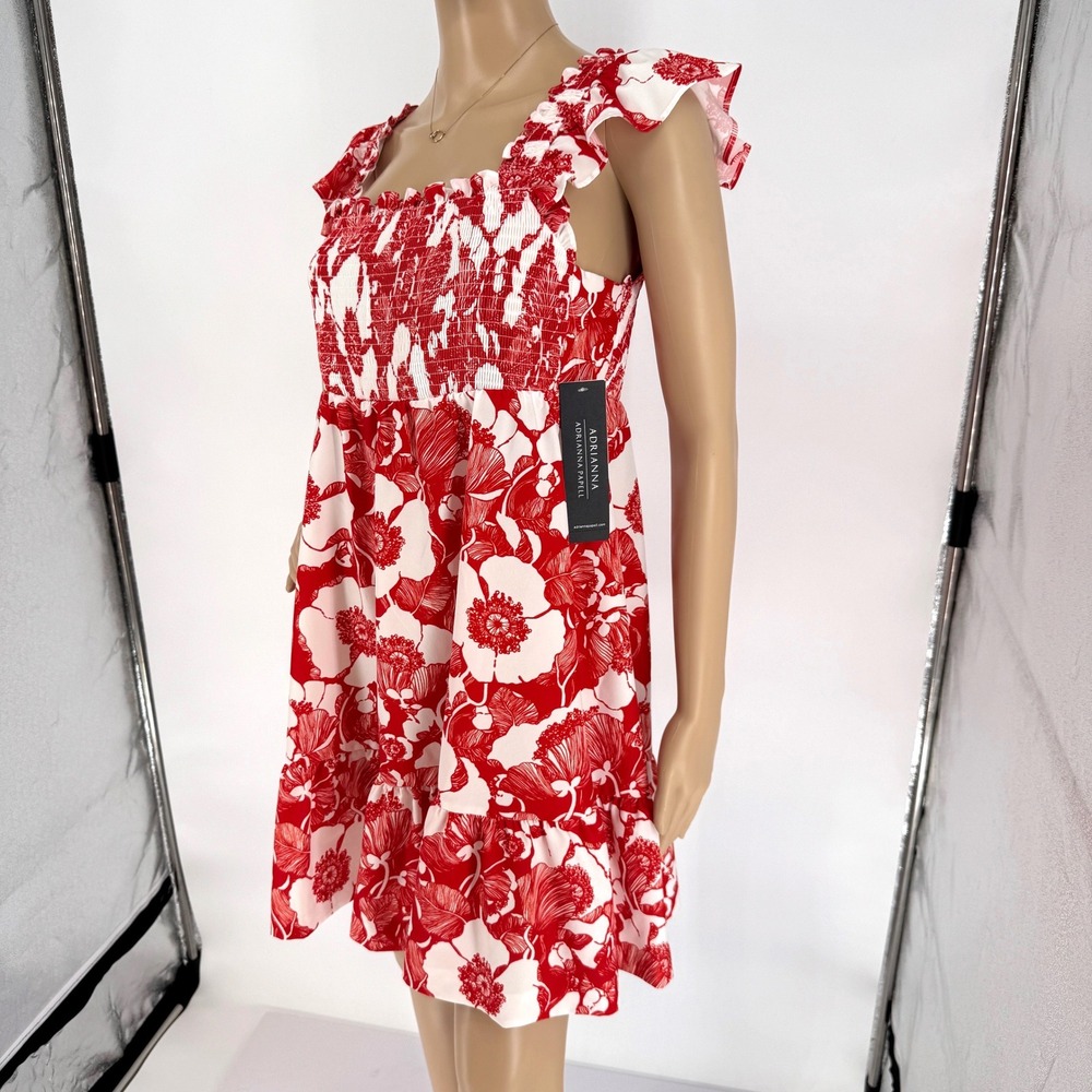 Adrianna Papell Red White Floral Smocked Ruffle Sun Dress Womens Size 6 NEW - Picture 2 of 16